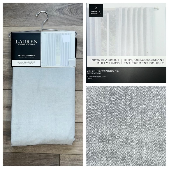 Ralph Lauren 52 x 108 Silver Linen Herringbone Blackout Curtains Back Tab Gray